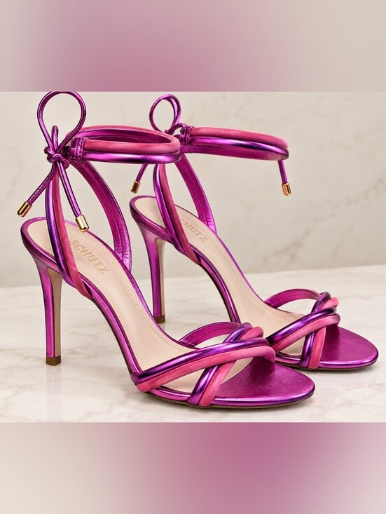SCHUTZ Shoes - New Schutz Hot Pink Metallic Leather & Suede Strappy Stiletto Sandals 8/39 $198